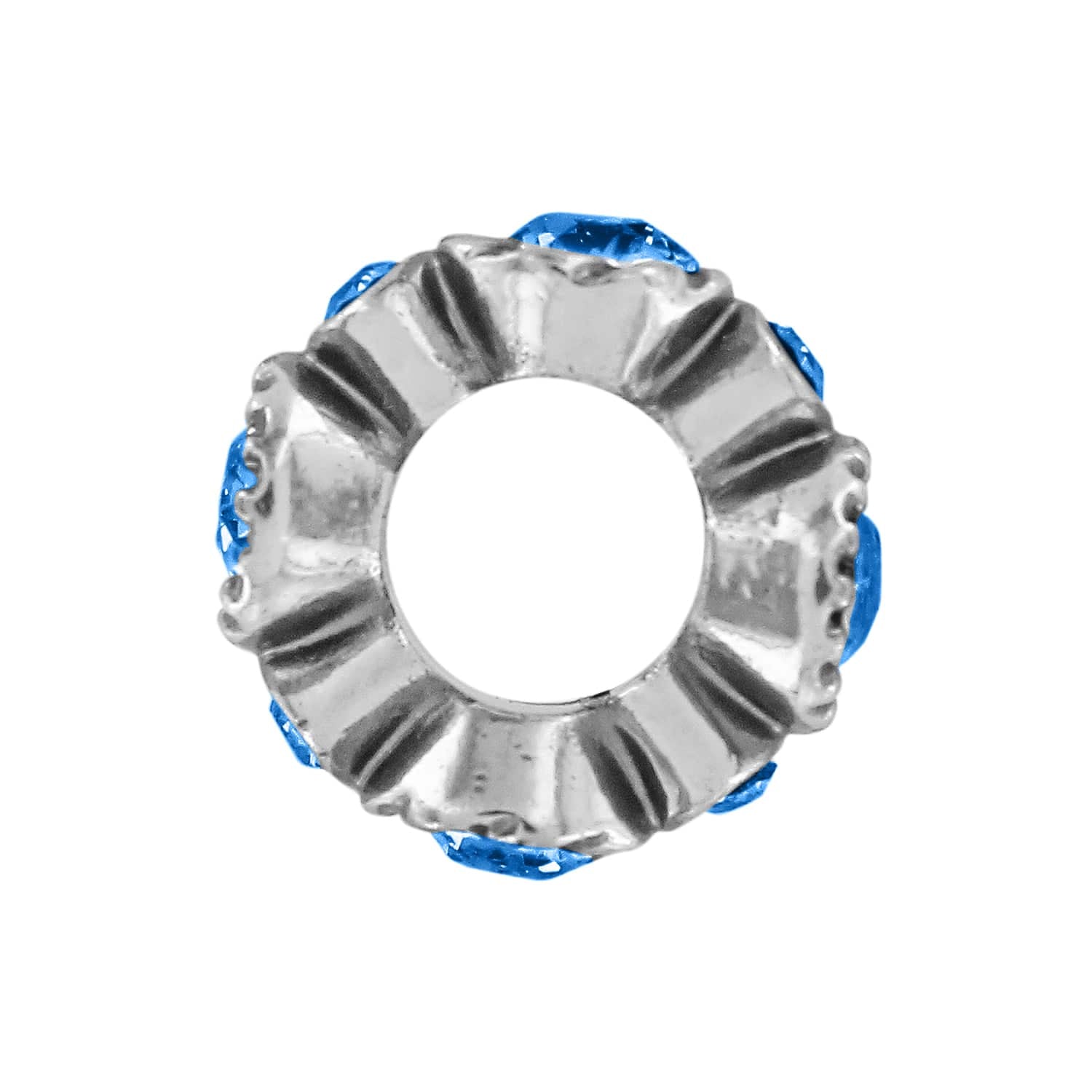 Brighton bead spacer shown from the side with silver-plated ridged finish and blue crystal accents on a white background