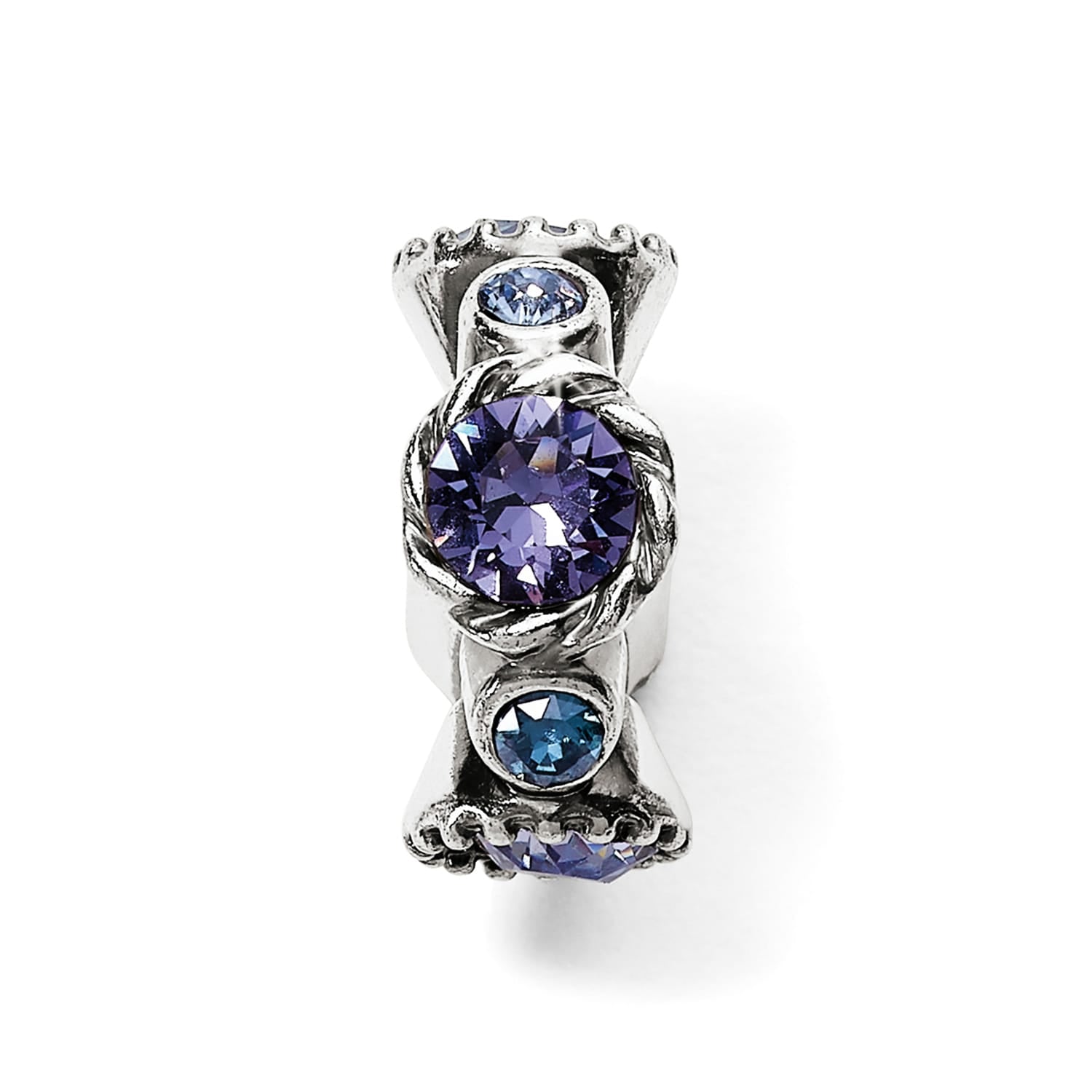 Brighton charm bead with silver-plated finish featuring purple center crystal and blue accent stones on a white background