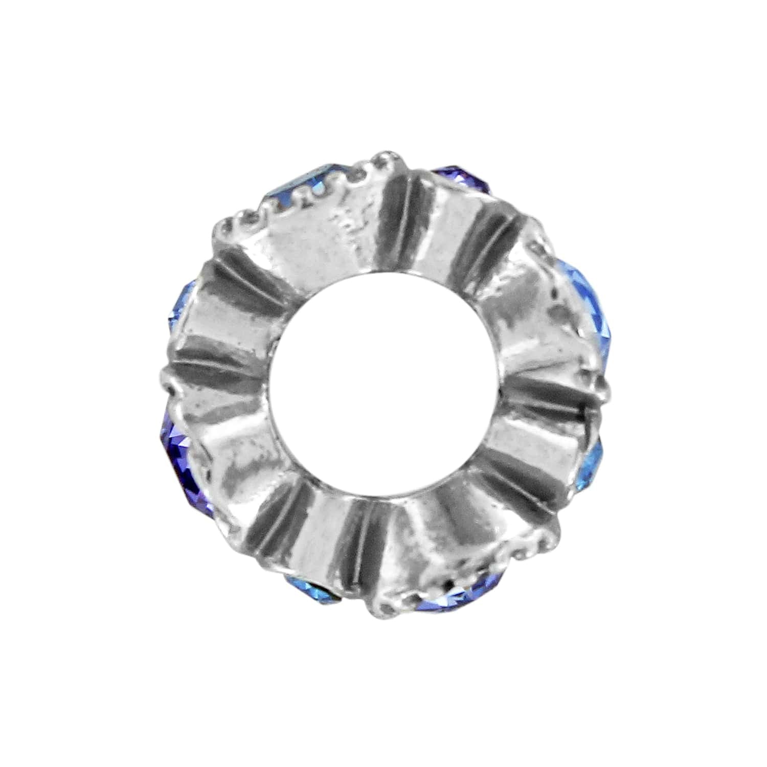 Brighton spacer bead with silver-plated ridged design and blue crystal accents around the center opening on a white background