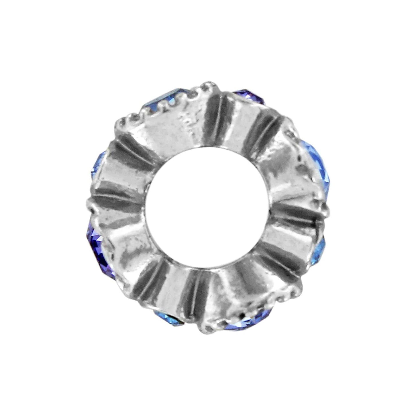 Brighton spacer bead with silver-plated ridged design and blue crystal accents around the center opening on a white background