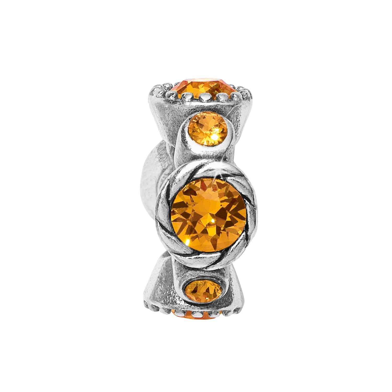 Brighton silver-plated charm bead with round orange crystals and rope-style detailing around the settings on a white background