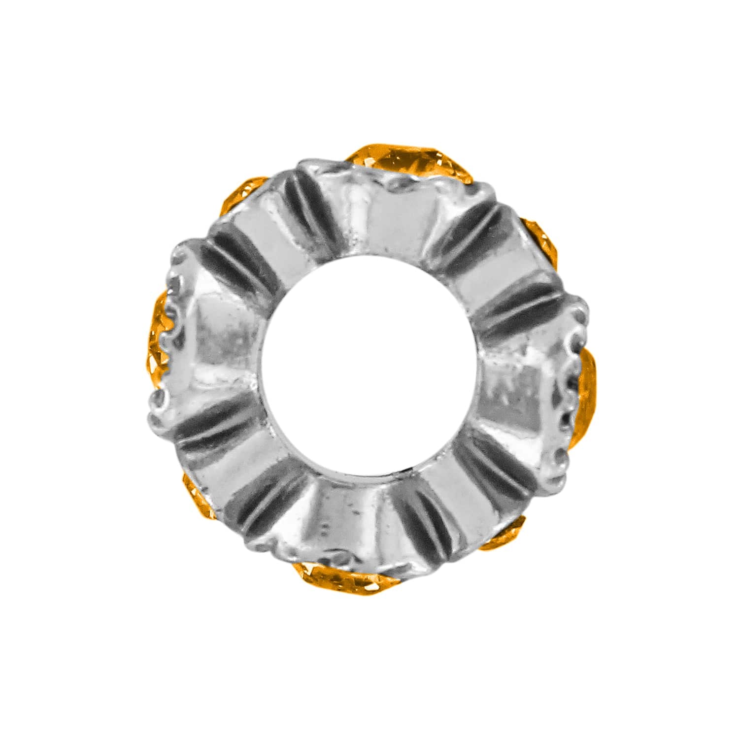 Brighton silver-plated spacer bead with fluted design and orange crystal accents around the edge on a white background