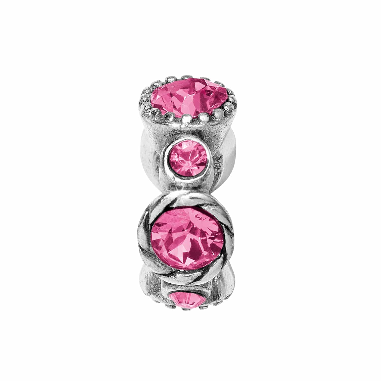 Brighton silver-plated charm bead with pink crystal accents and twisted rope detailing on a white background