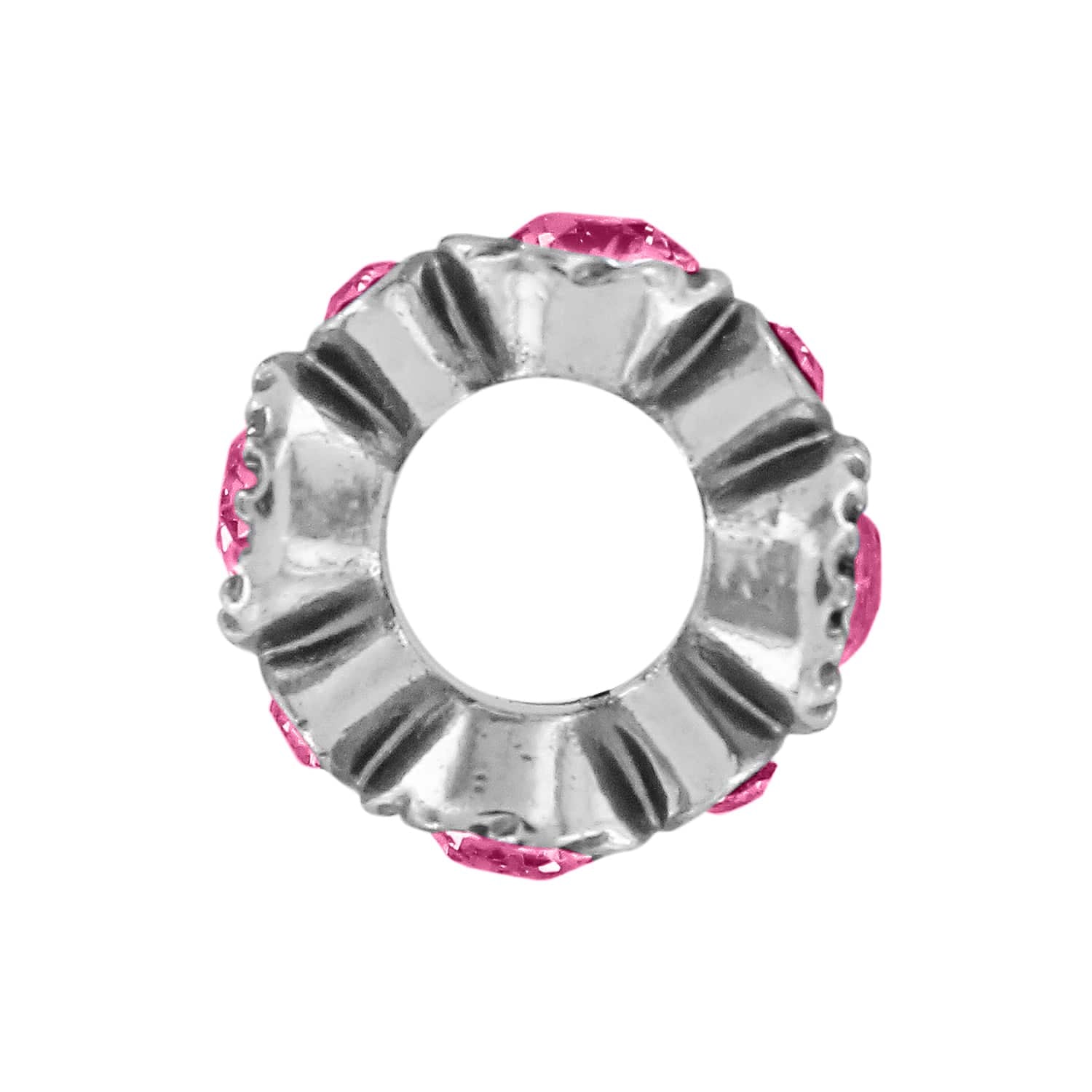 Brighton spacer bead charm with silver-plated ridged design and pink crystal accents around the edge on a white background