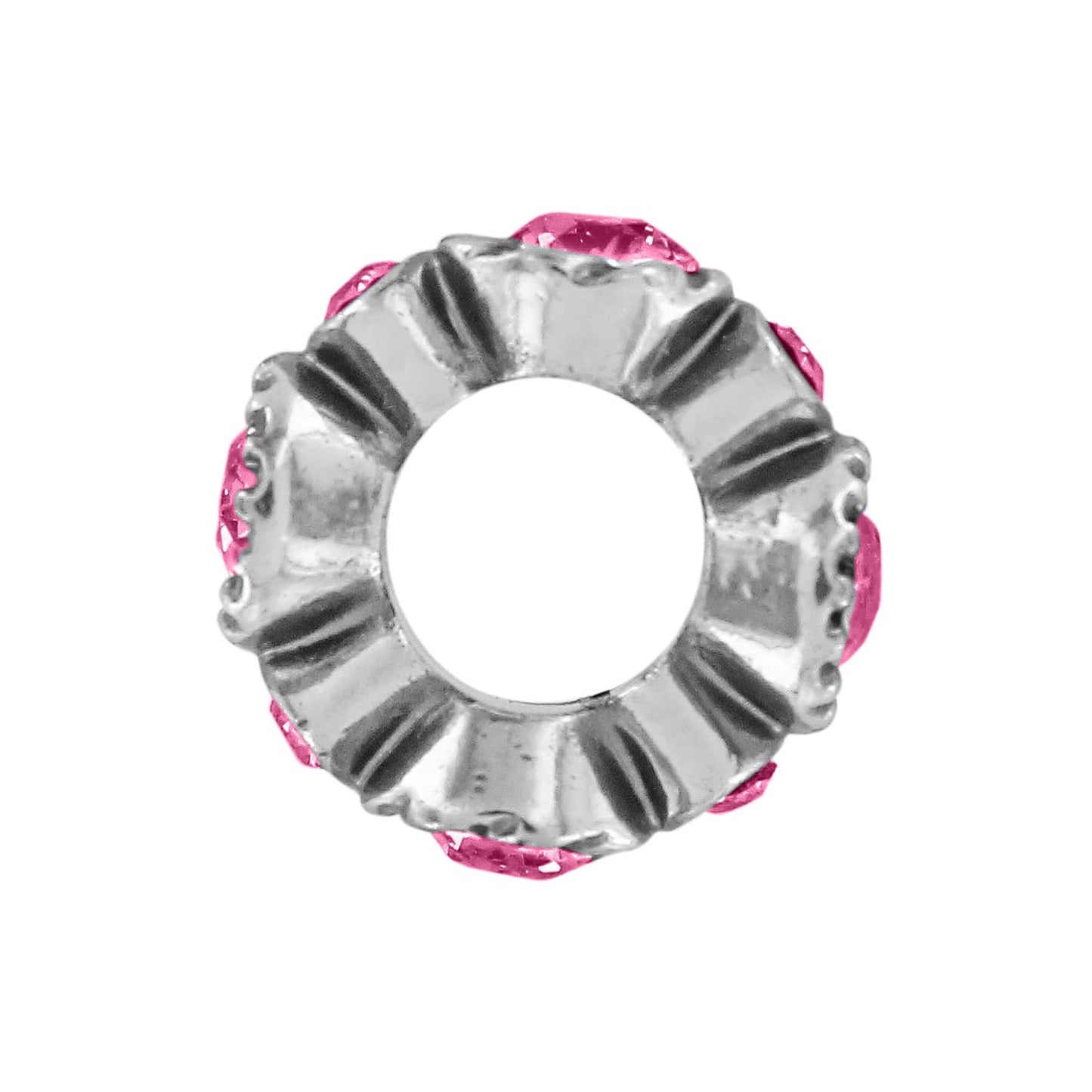 Brighton spacer bead charm with silver-plated ridged design and pink crystal accents around the edge on a white background