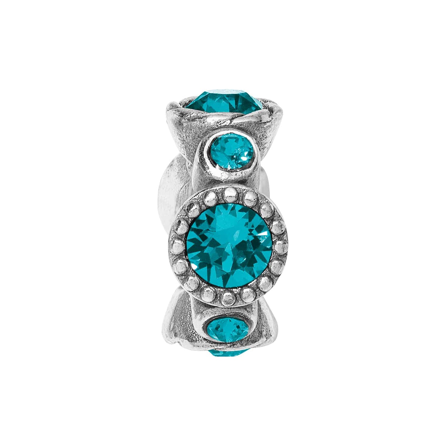 Brighton charm bead with teal crystals and silver-plated beaded accents around a central stone on a white background