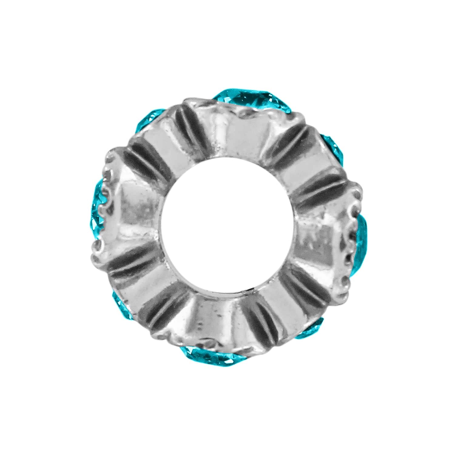 Brighton spacer bead shown from the side with silver-plated finish and turquoise crystal accents on a white background