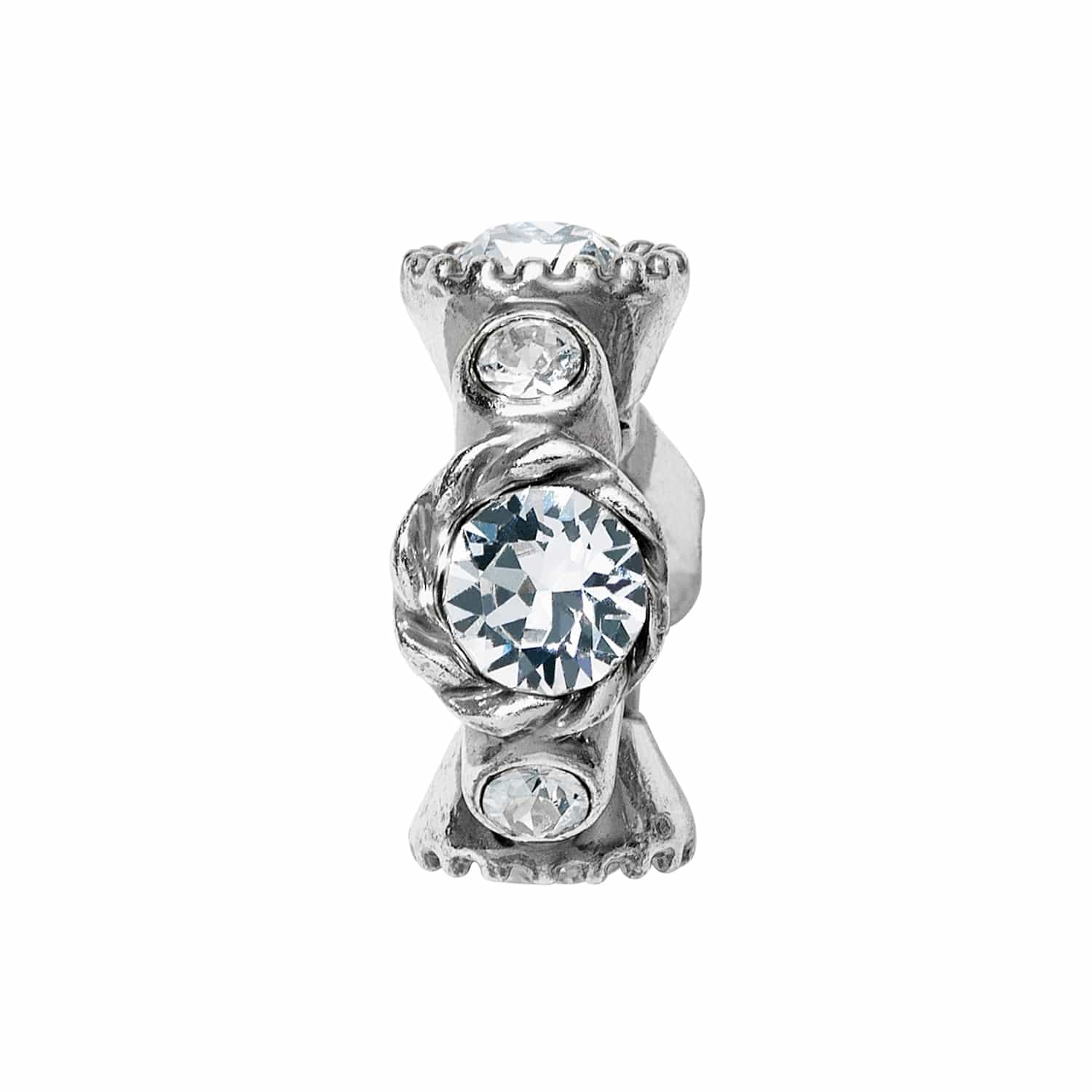 Brighton silver-plated spacer charm with round crystal accents and twisted rope detailing on a white background