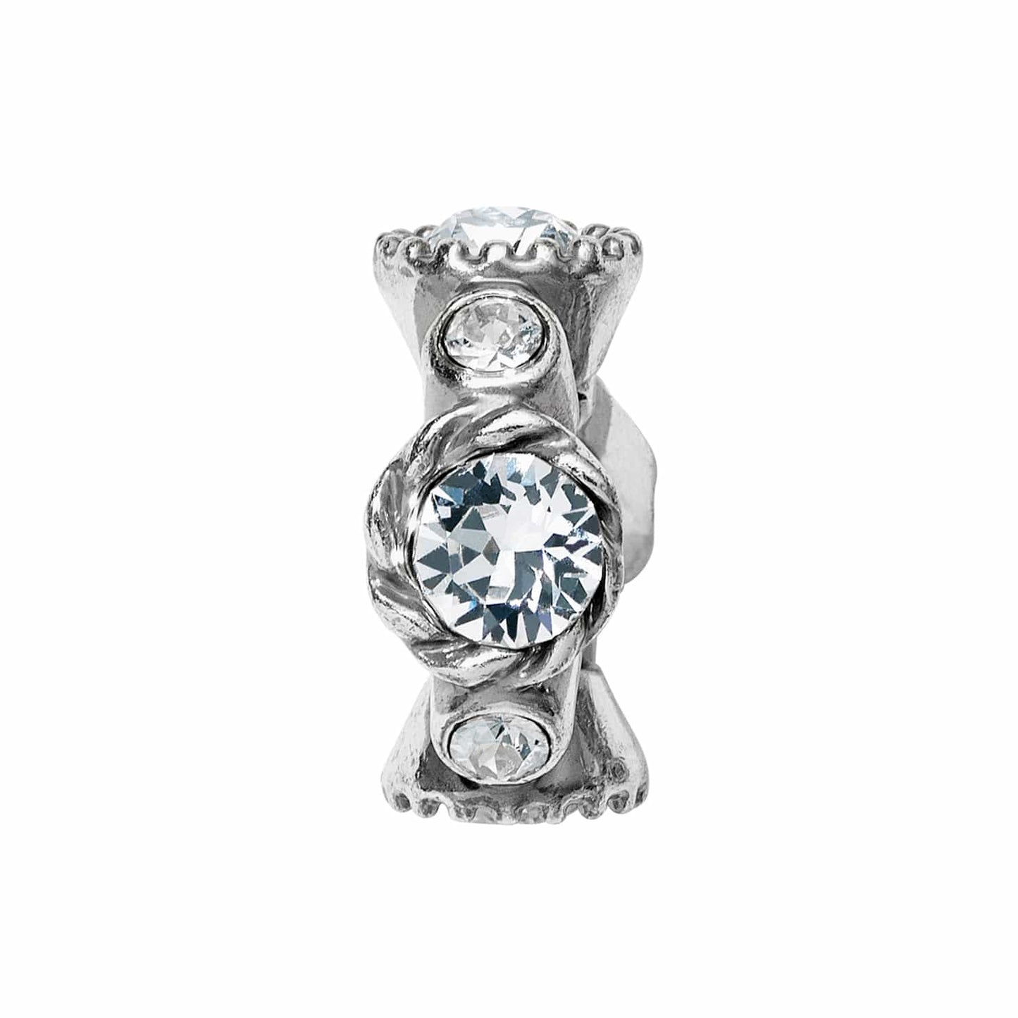 Brighton silver-plated spacer charm with round crystal accents and twisted rope detailing on a white background