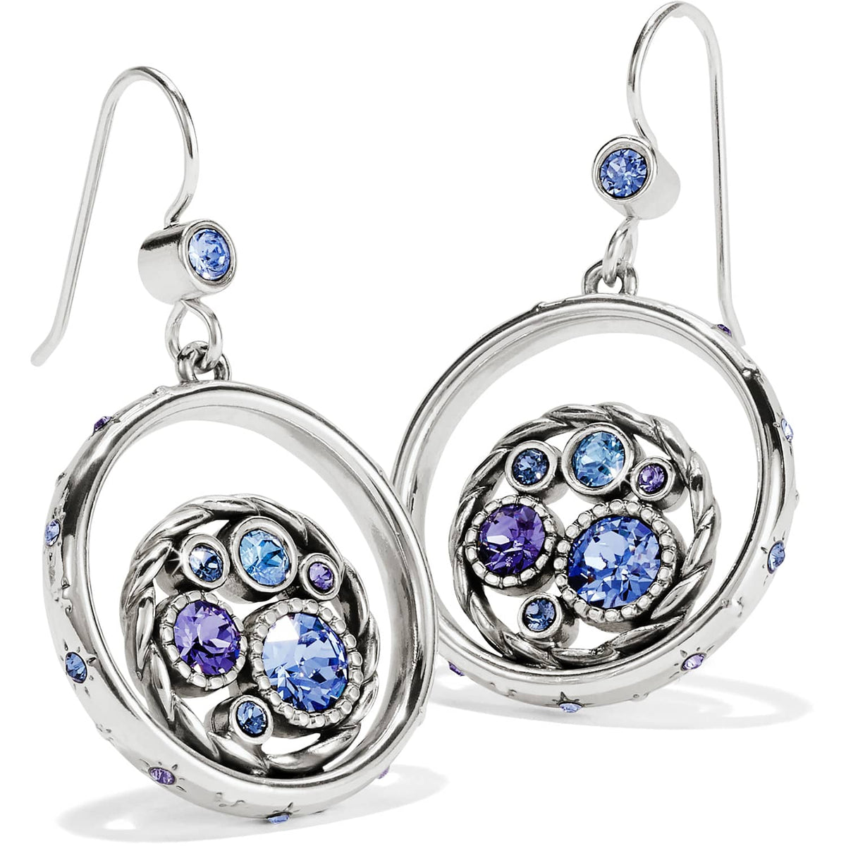 Brighton drop earrings with silver-plated open circles, blue and purple crystals in clustered settings on a white background