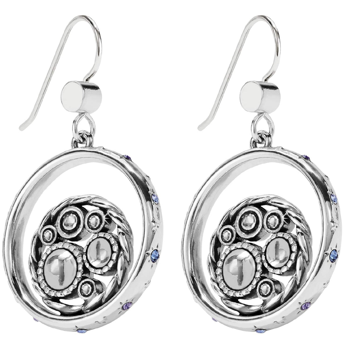 Brighton drop earrings with silver-plated circular frames, beaded medallion centers, and small purple crystal accents on a white background