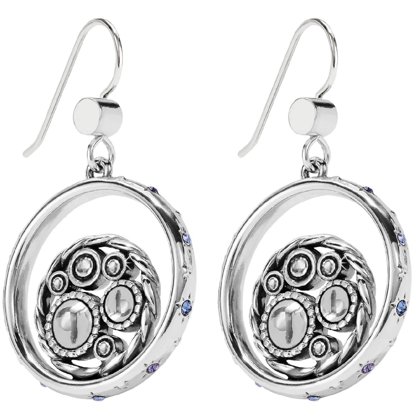 Brighton drop earrings with silver-plated circular frames, beaded medallion centers, and small purple crystal accents on a white background