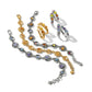 Brighton bracelets styled with hoop earrings featuring multicolor crystals in silver-plated and gold-tone finishes on white background