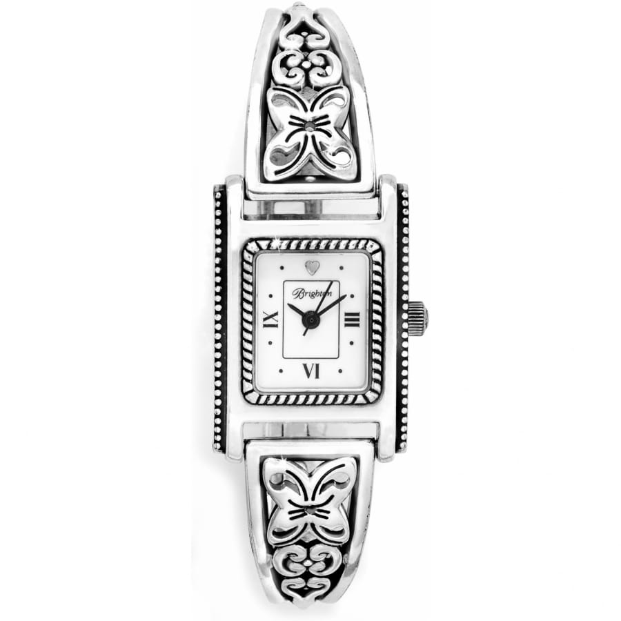 Brighton watch with rectangular white dial, Roman numerals, and silver-plated butterfly filigree bangle band on a white background