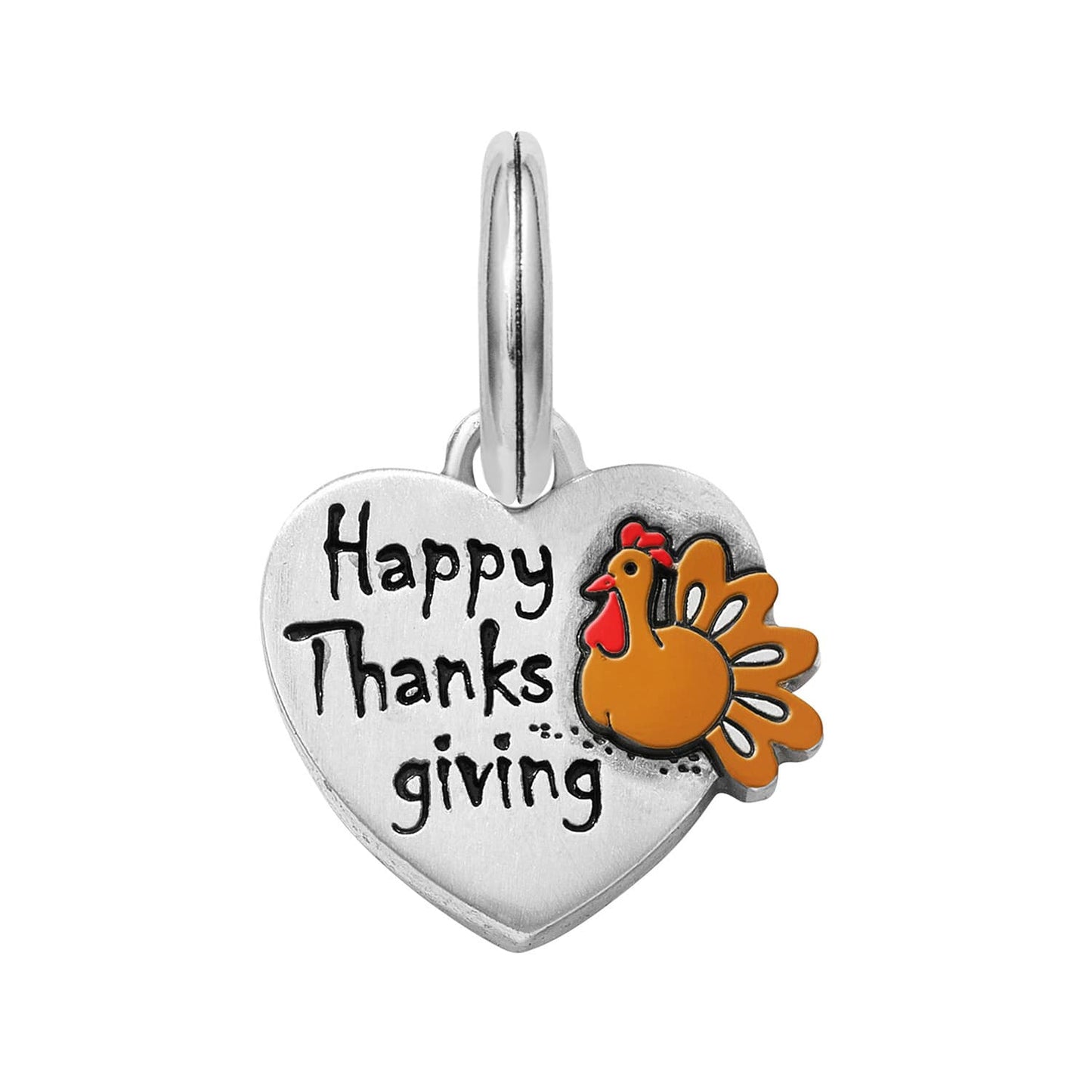 Brighton heart charm engraved with Happy Thanksgiving and orange enamel turkey with silver-plated finish on a white background