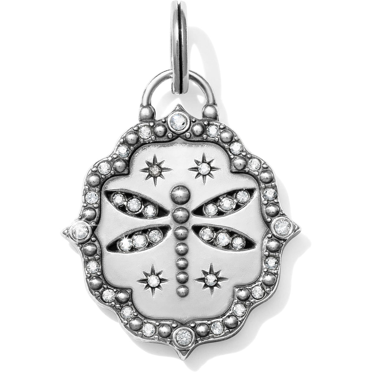 Brighton silver-plated charm pendant with dragonfly design, crystal accents, and scalloped beaded border on a white background
