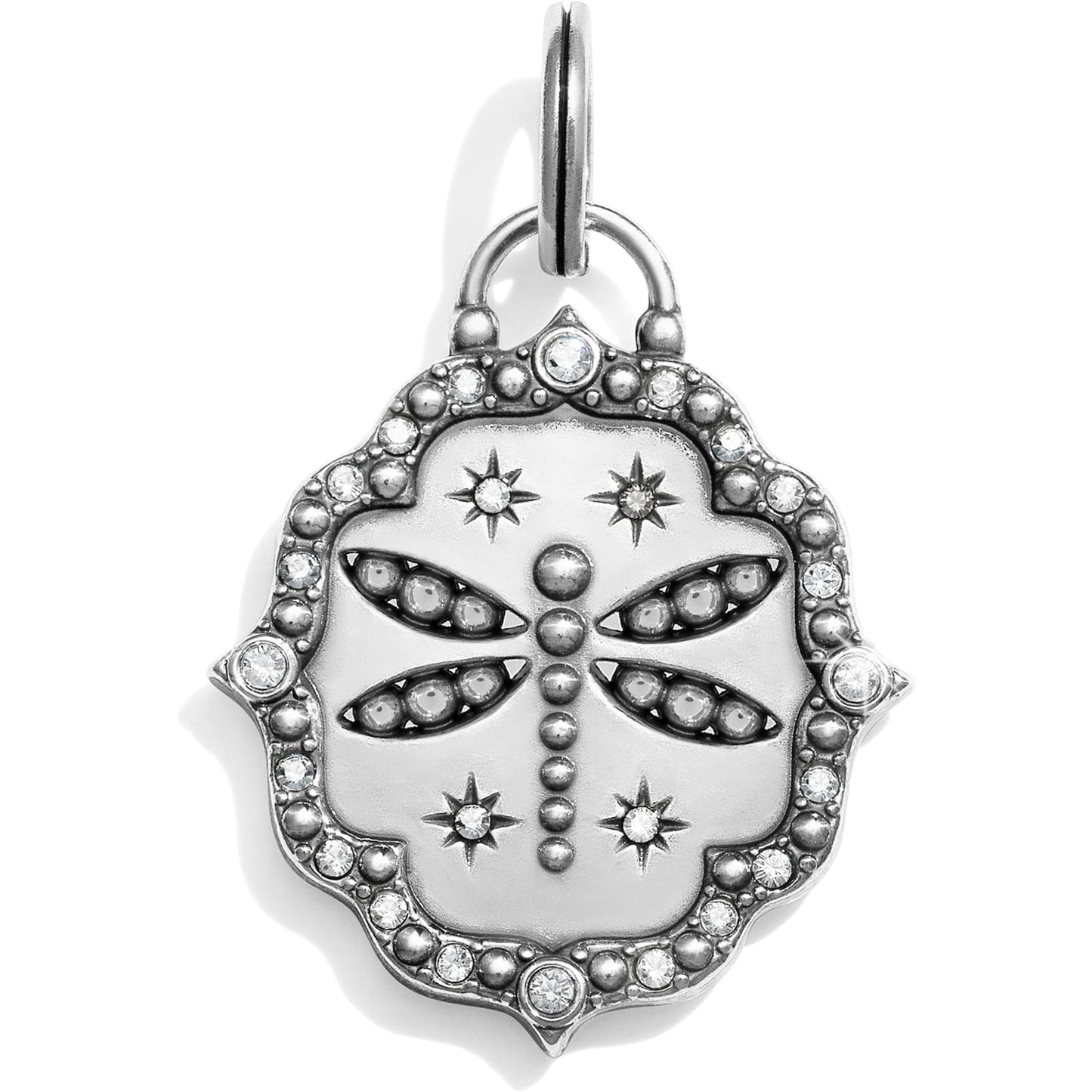 Brighton dragonfly pendant charm with silver-plated finish, crystal accents, and stars on a white background