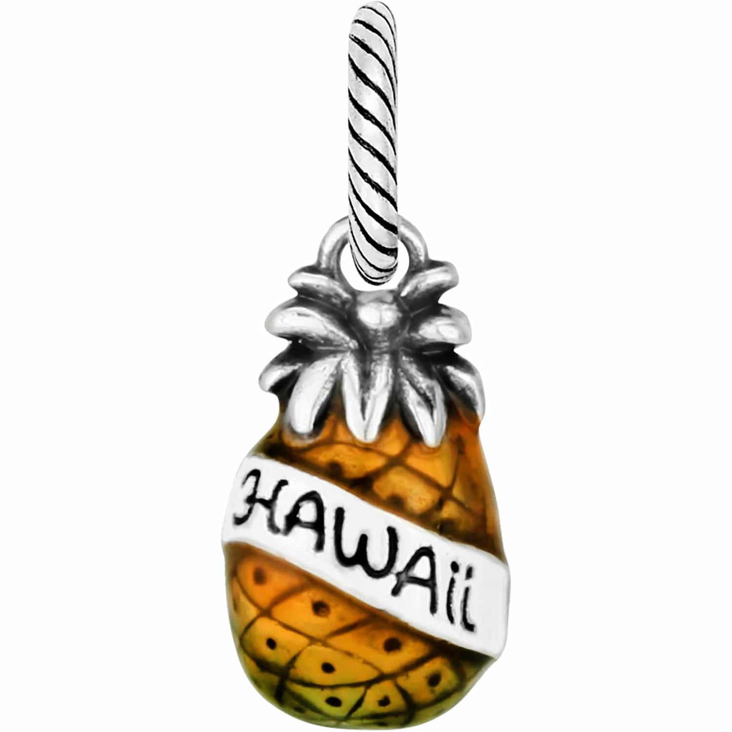 Brighton pineapple charm with orange and green enamel finish and silver-tone Hawaii banner on a white background