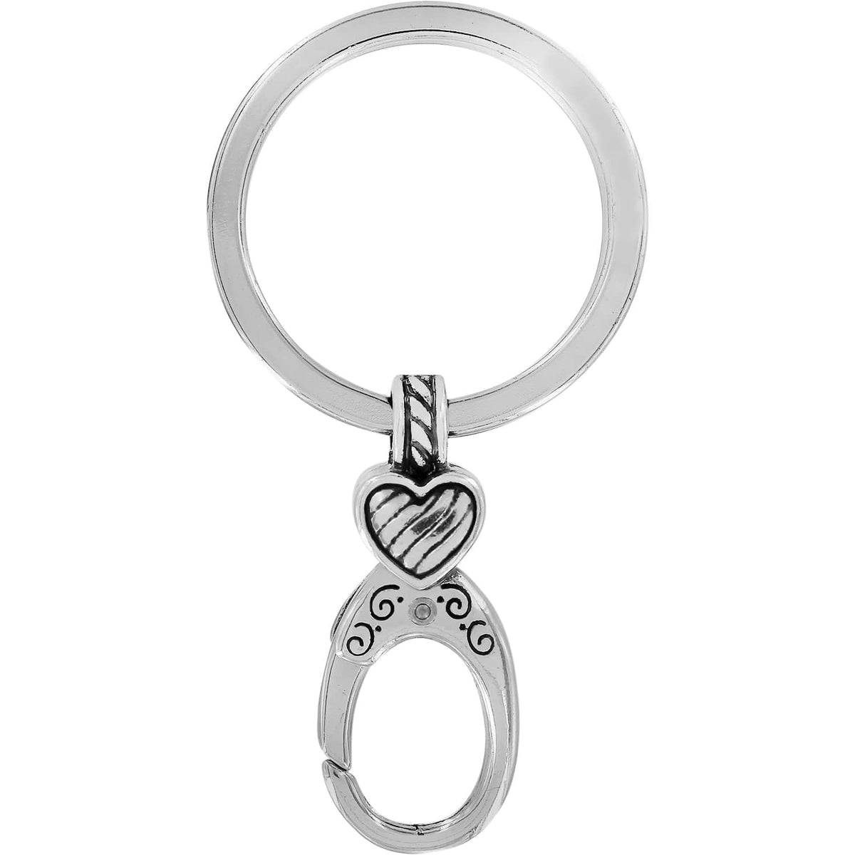 Brighton keychain with silver-plated ring, heart charm, and decorative oval clip clasp on a white background