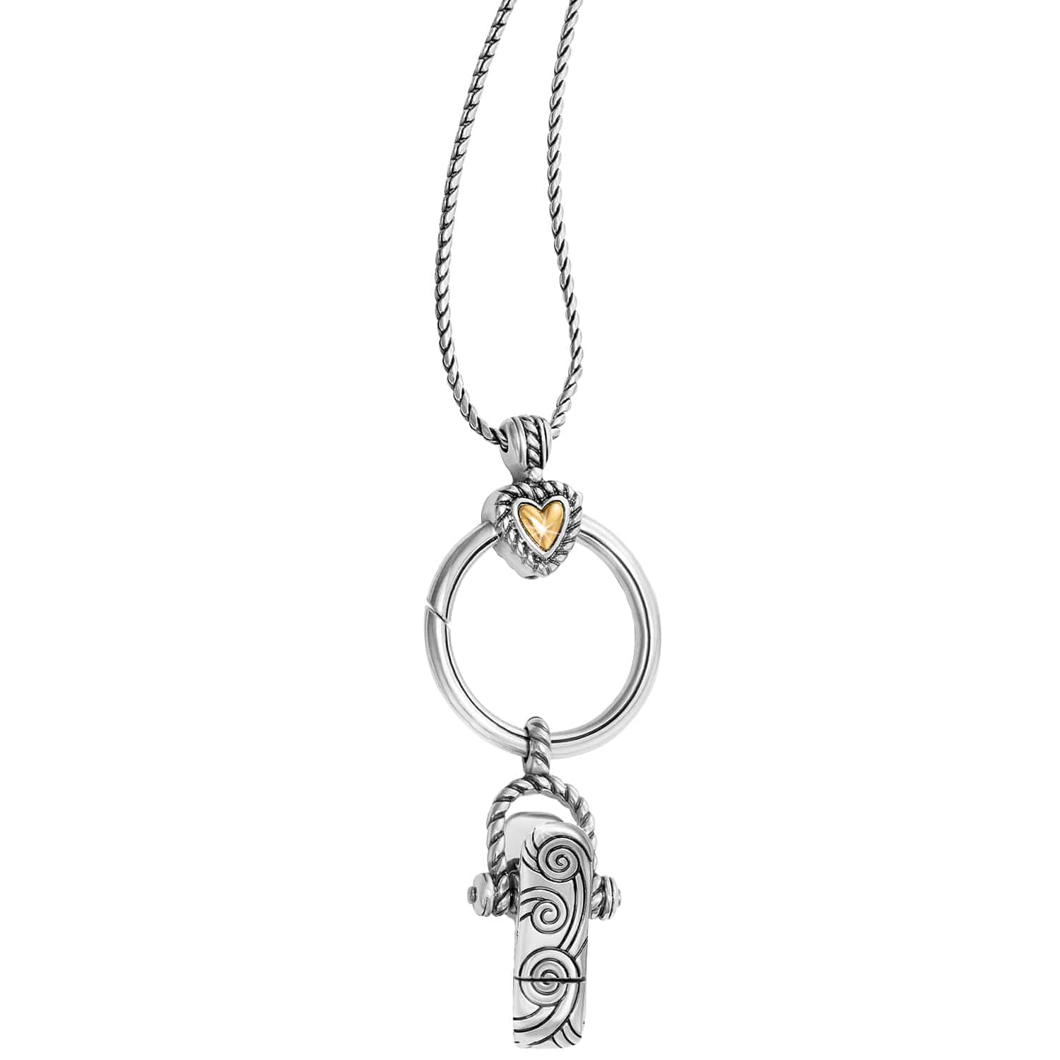 Brighton pendant necklace with silver-plated ring, gold heart accent, and engraved scroll charm on a white background
