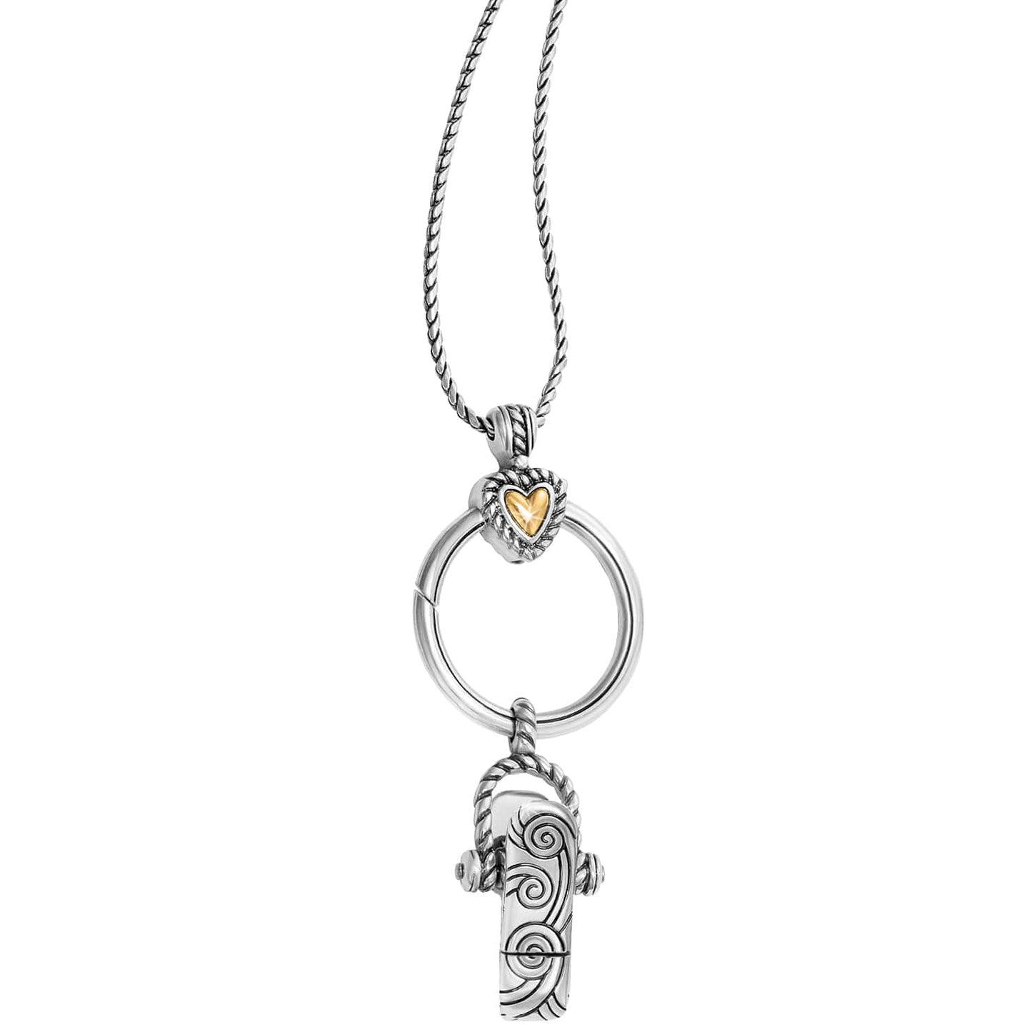 Brighton pendant necklace with silver-plated ring, gold heart accent, and engraved scroll charm on a white background