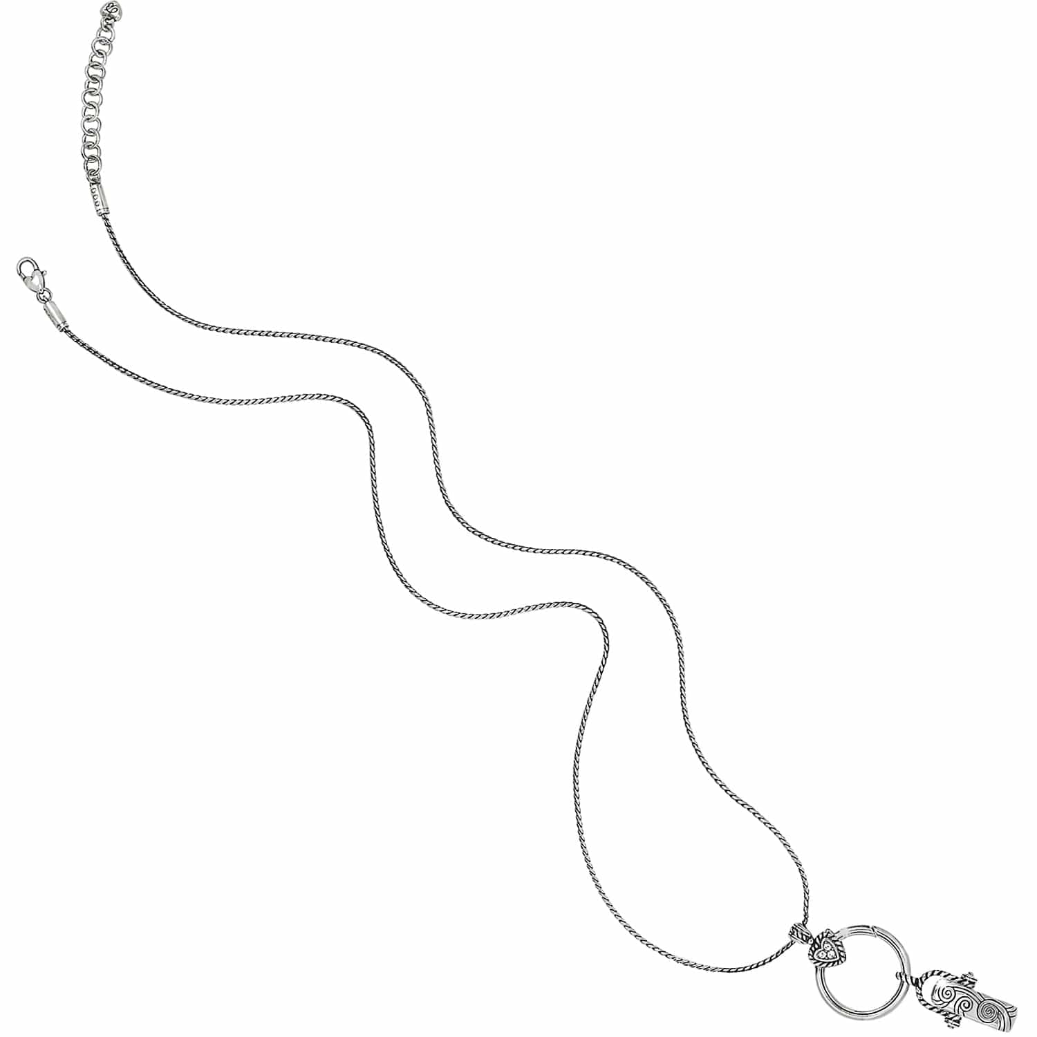 Brighton silver-plated necklace with twisted chain, circular pendant ring, and heart charm accent on a white background