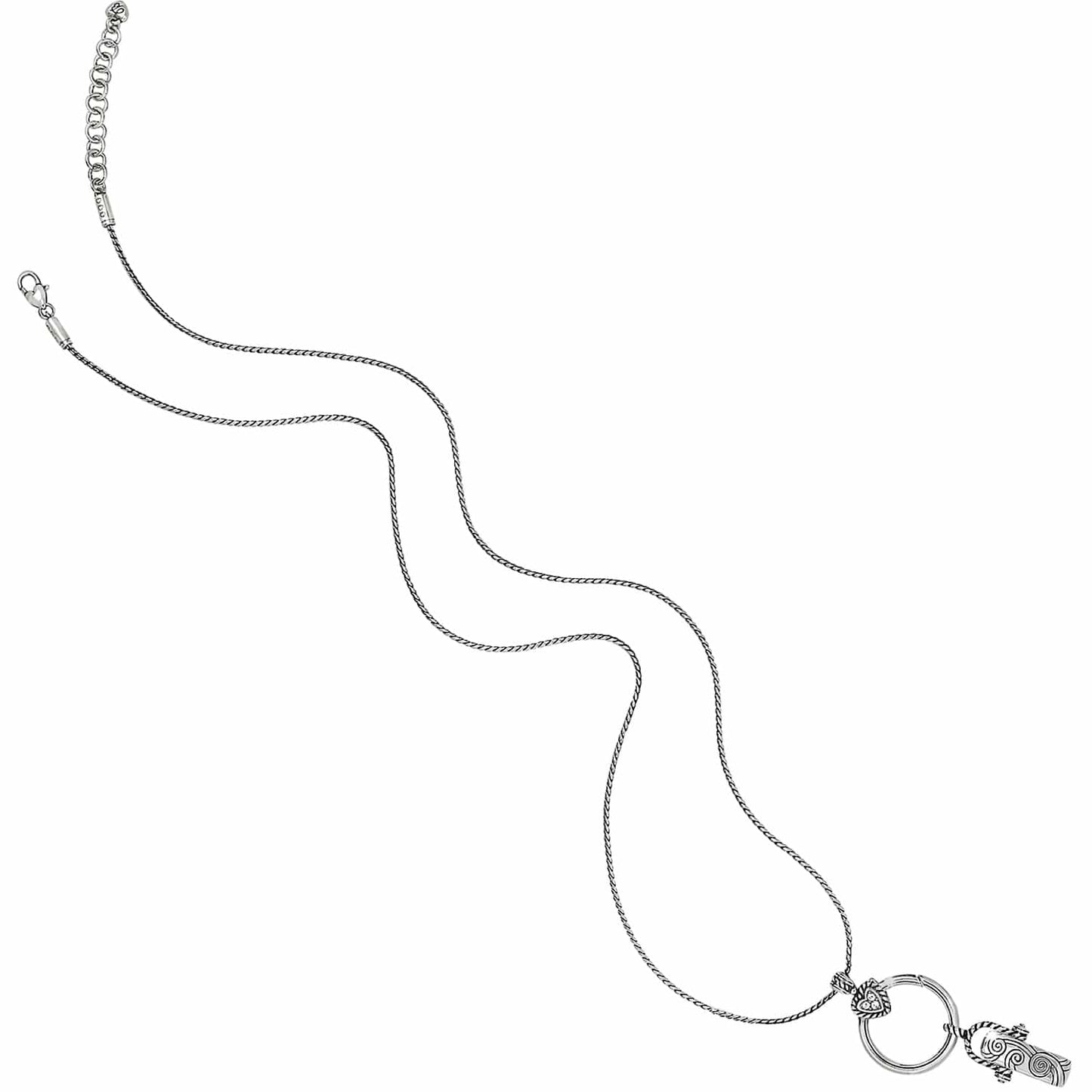 Brighton silver-plated necklace with twisted chain, circular pendant ring, and heart charm accent on a white background