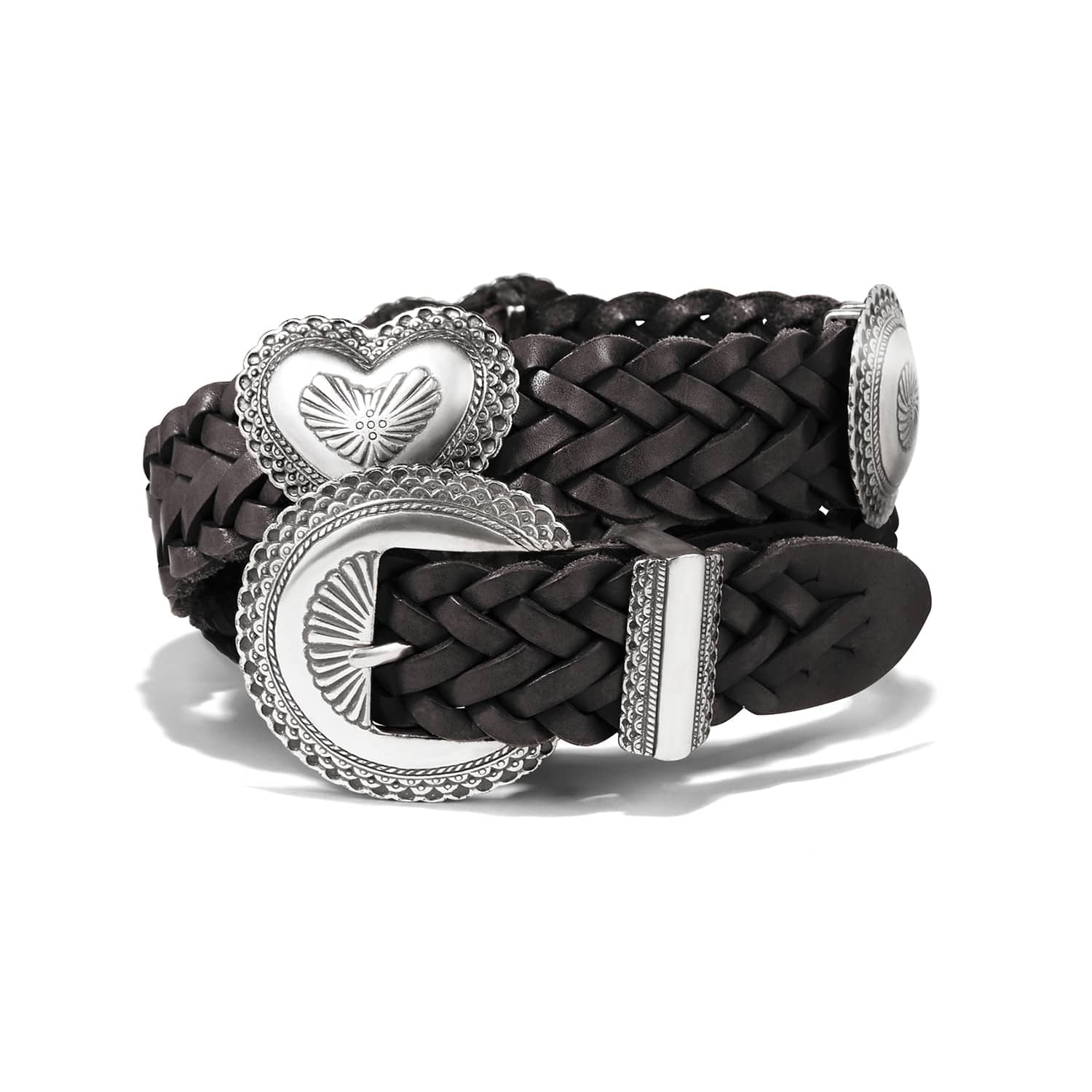 Brighton braided black leather belt with silver-tone heart concho and engraved buckle on a white background