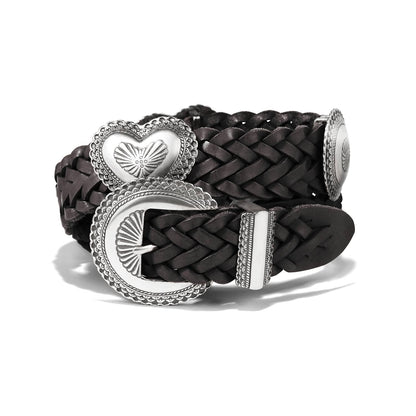 Brighton braided black leather belt with silver-tone heart concho and engraved buckle on a white background