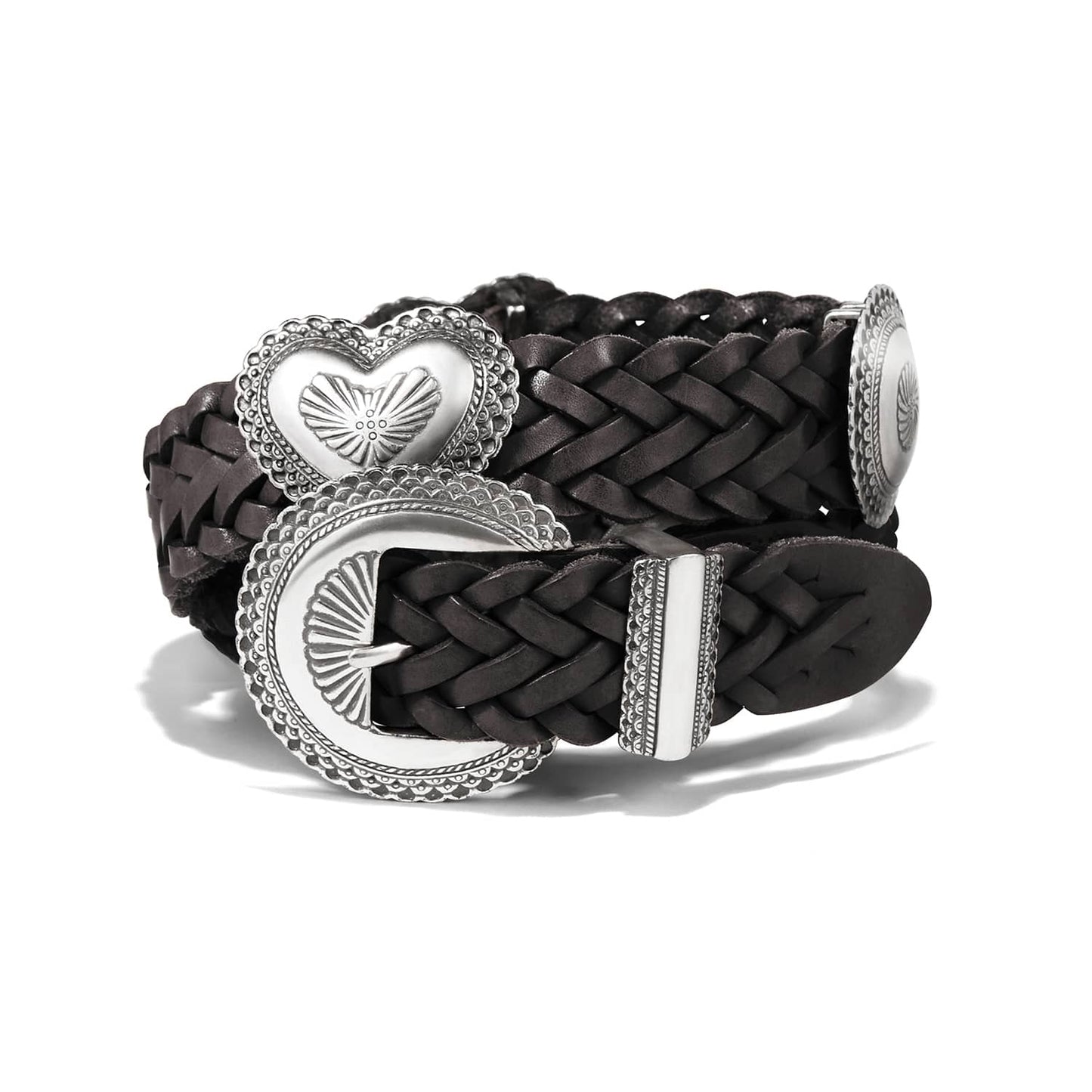Brighton braided black leather belt with silver-tone heart concho and engraved buckle on a white background