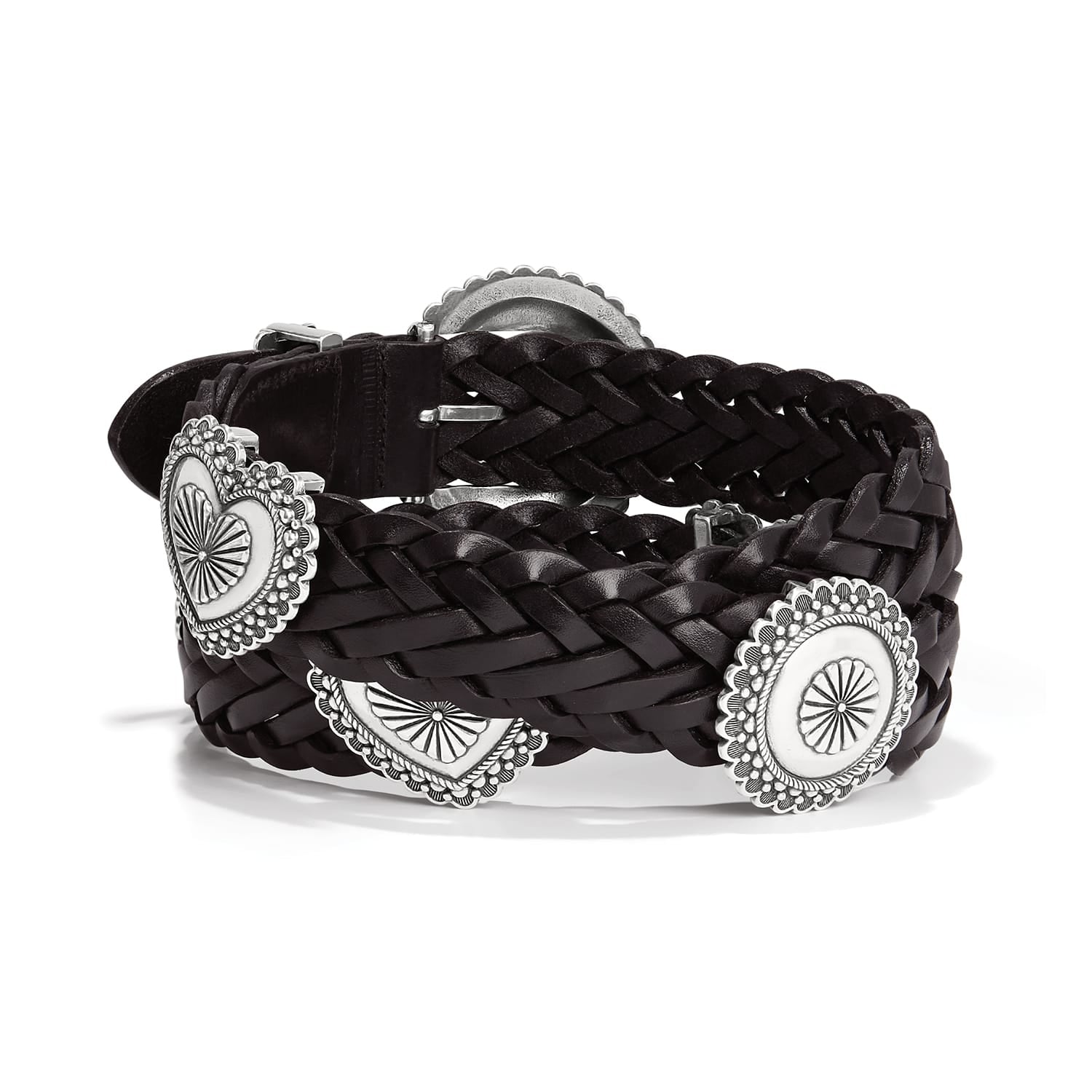 Brighton braided black leather belt with silver-tone heart and round concho medallions on a white background