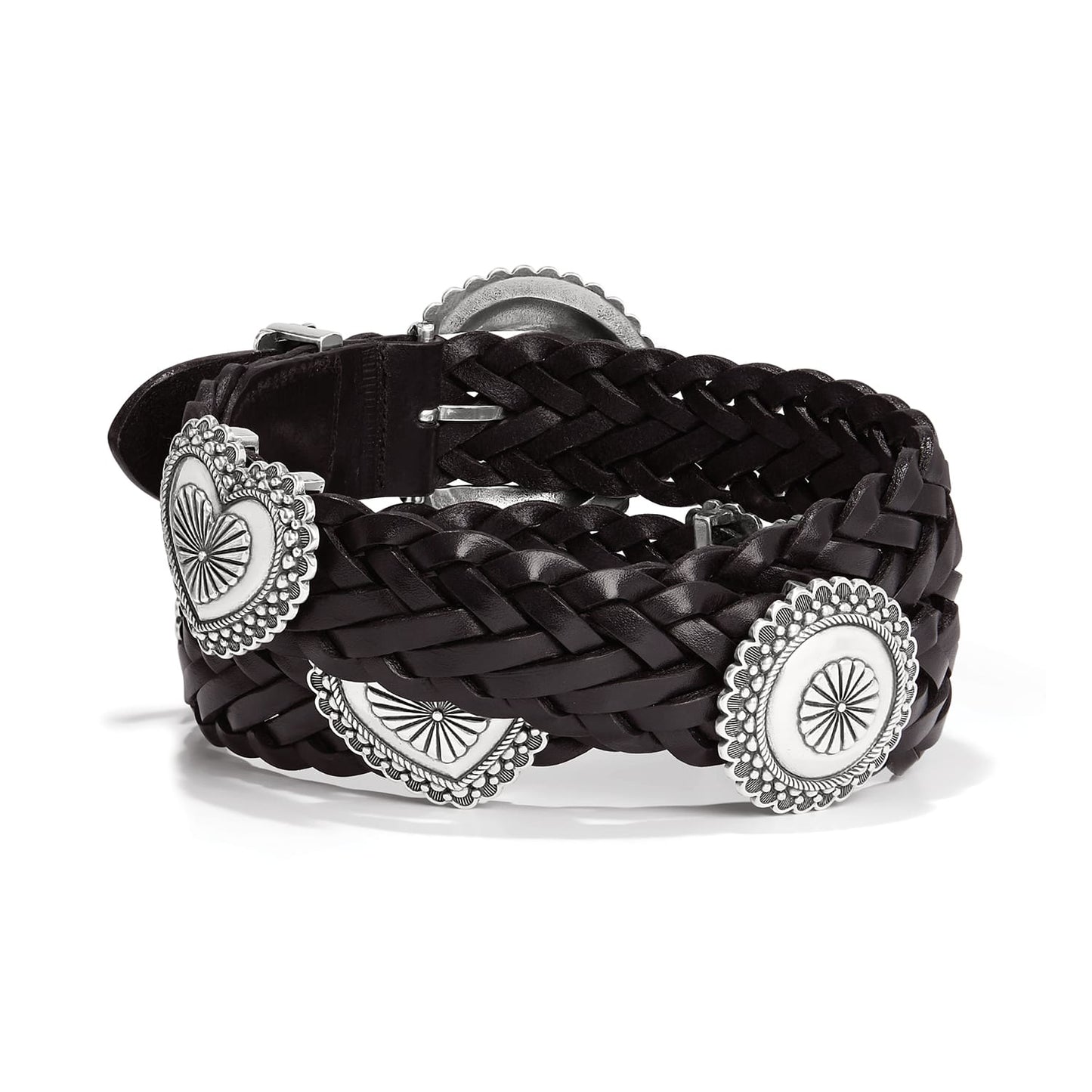 Brighton braided black leather belt with silver-tone heart and round concho medallions on a white background