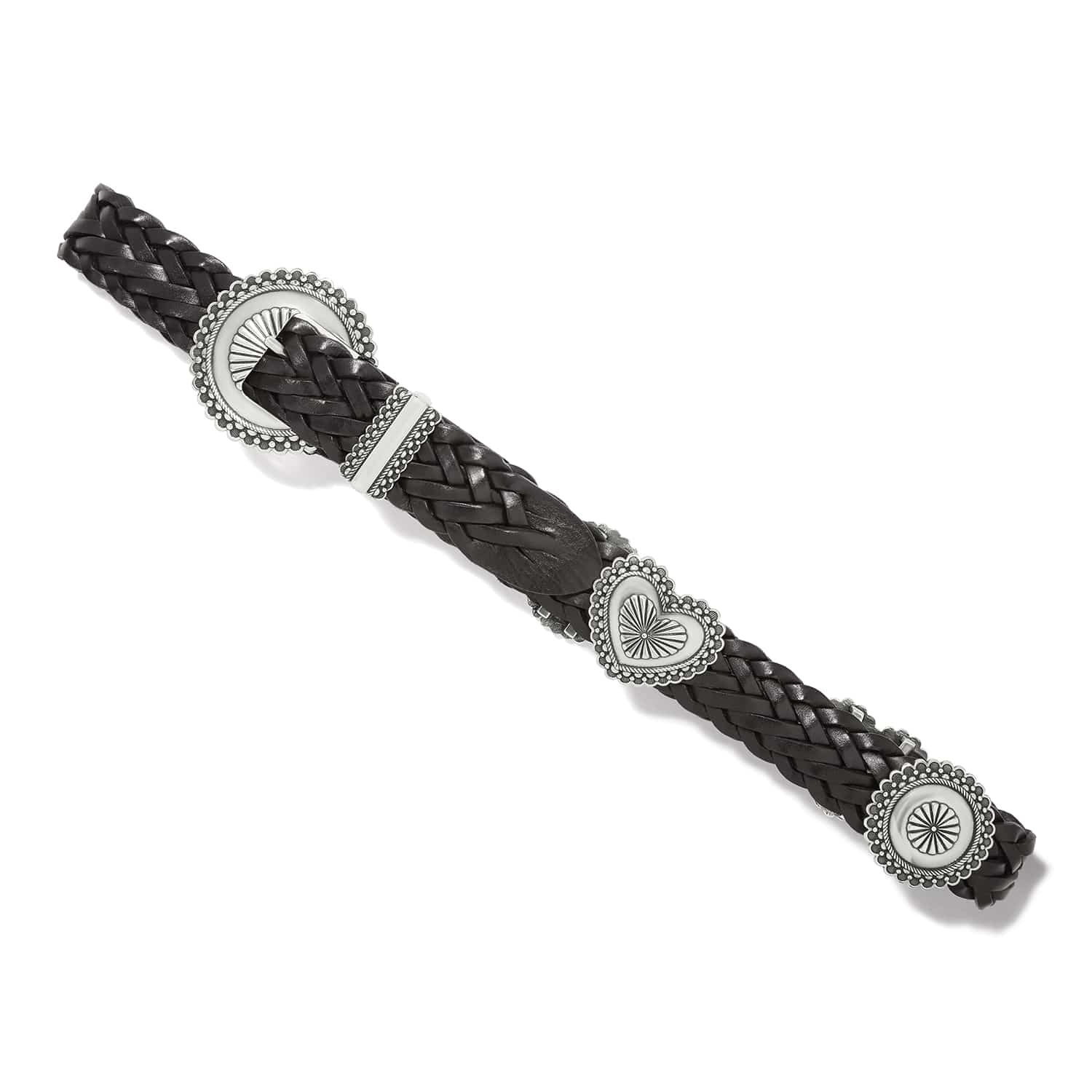Brighton braided black leather belt with silver-tone heart and round concho accents on a white background