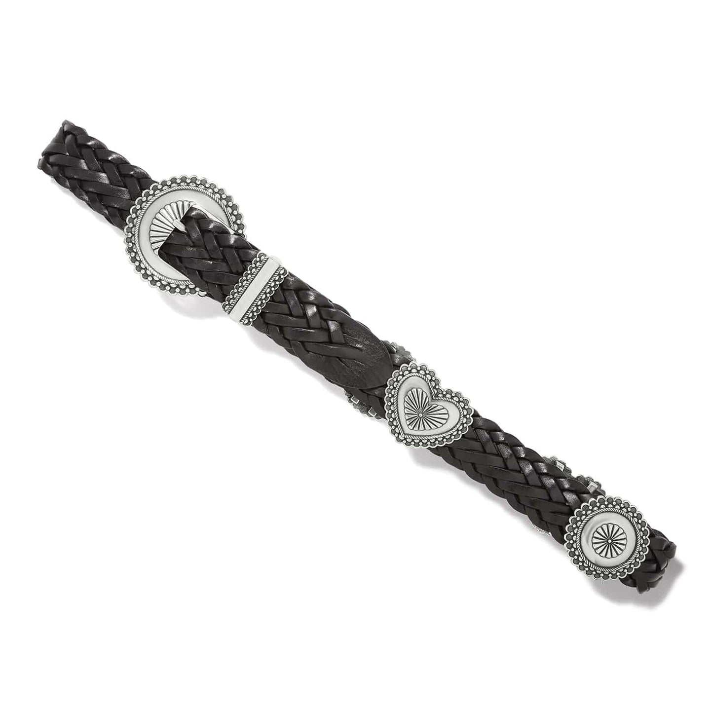 Brighton braided black leather belt with silver-tone heart and round concho accents on a white background