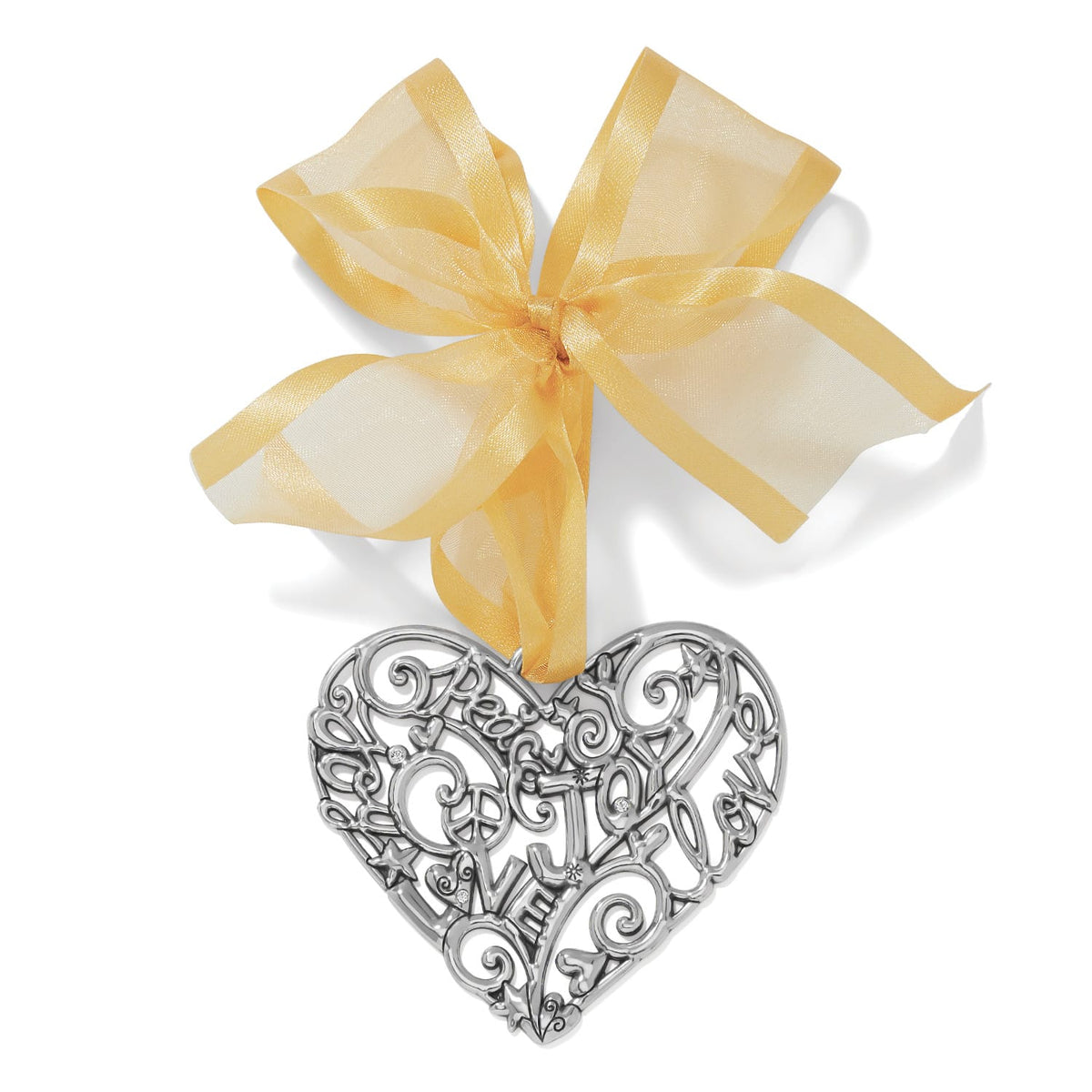 Brighton silver-plated heart ornament with openwork scroll design, inscribed words, crystal accents, and gold ribbon on a white background