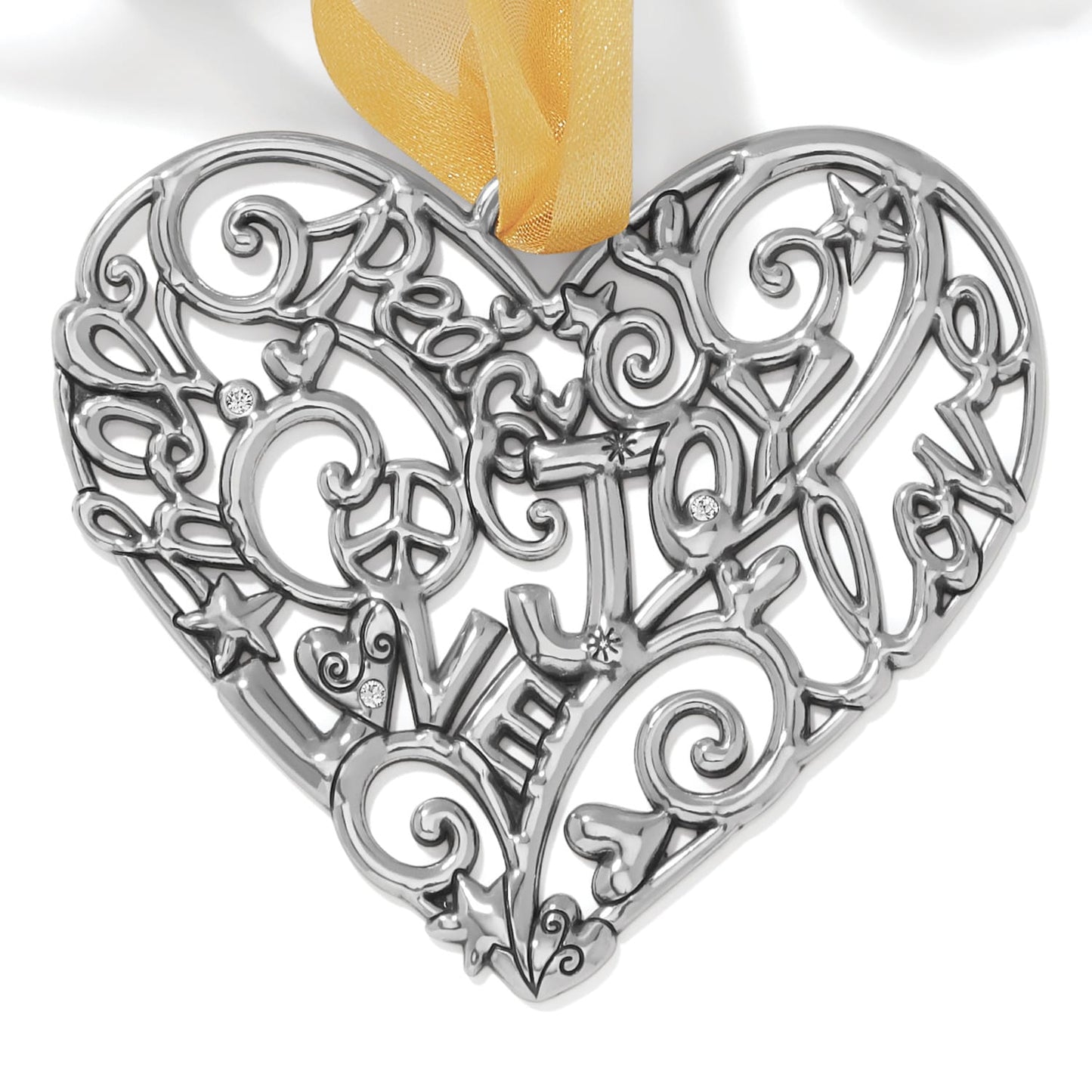 Brighton silver-plated heart ornament with openwork words, swirls, stars, and crystal accents with gold ribbon on a white background