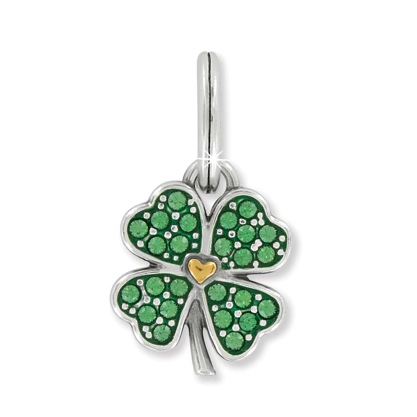 Brighton four-leaf clover charm with green crystals, enamel detail, gold heart center, and silver-plated finish on a white background