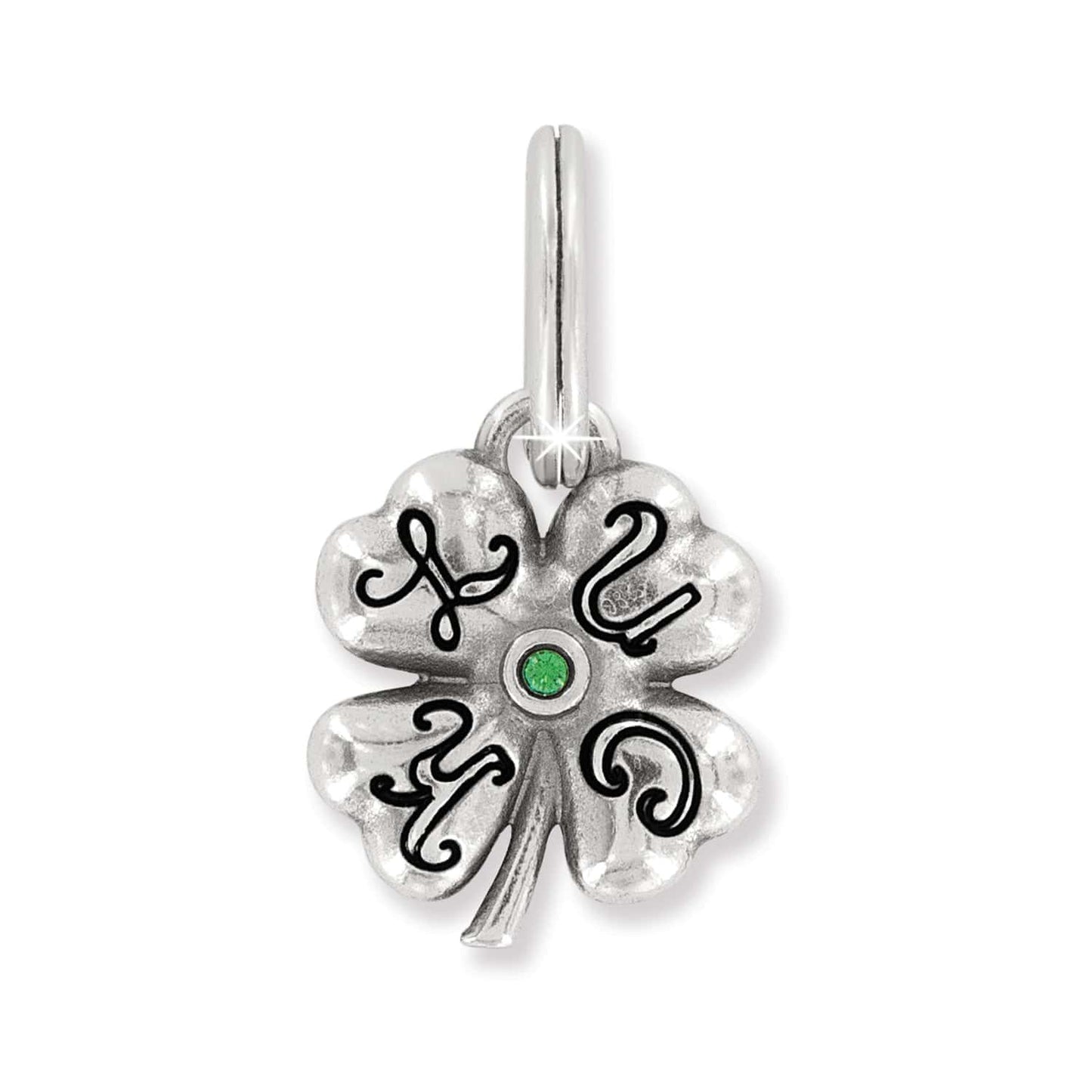 Brighton four-leaf clover charm with silver-plated finish, black enamel scrollwork, and green crystal center on a white background