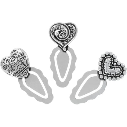 Brighton silver-plated heart bookmarks set of three with swirl, filigree, and beaded designs on a white background