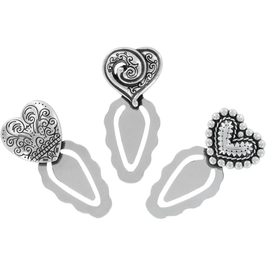 Brighton silver-plated heart bookmarks set of three with swirl, filigree, and beaded designs on a white background