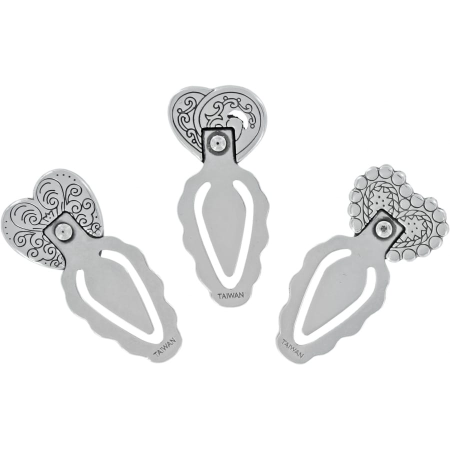 Brighton silver-plated heart-shaped bookmarks with scroll, dotted, and filigree engraved designs on a white background