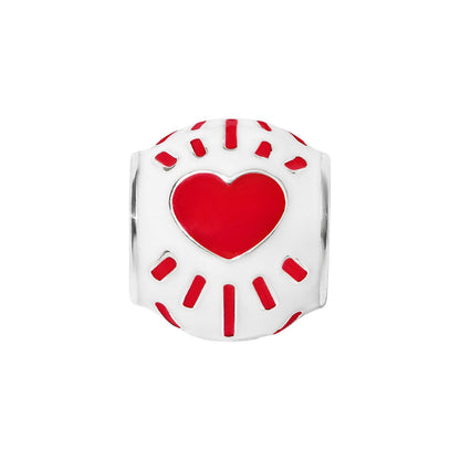 Brighton charm bead with red heart, white enamel body, and red accent details with silver-plated finish on a white background