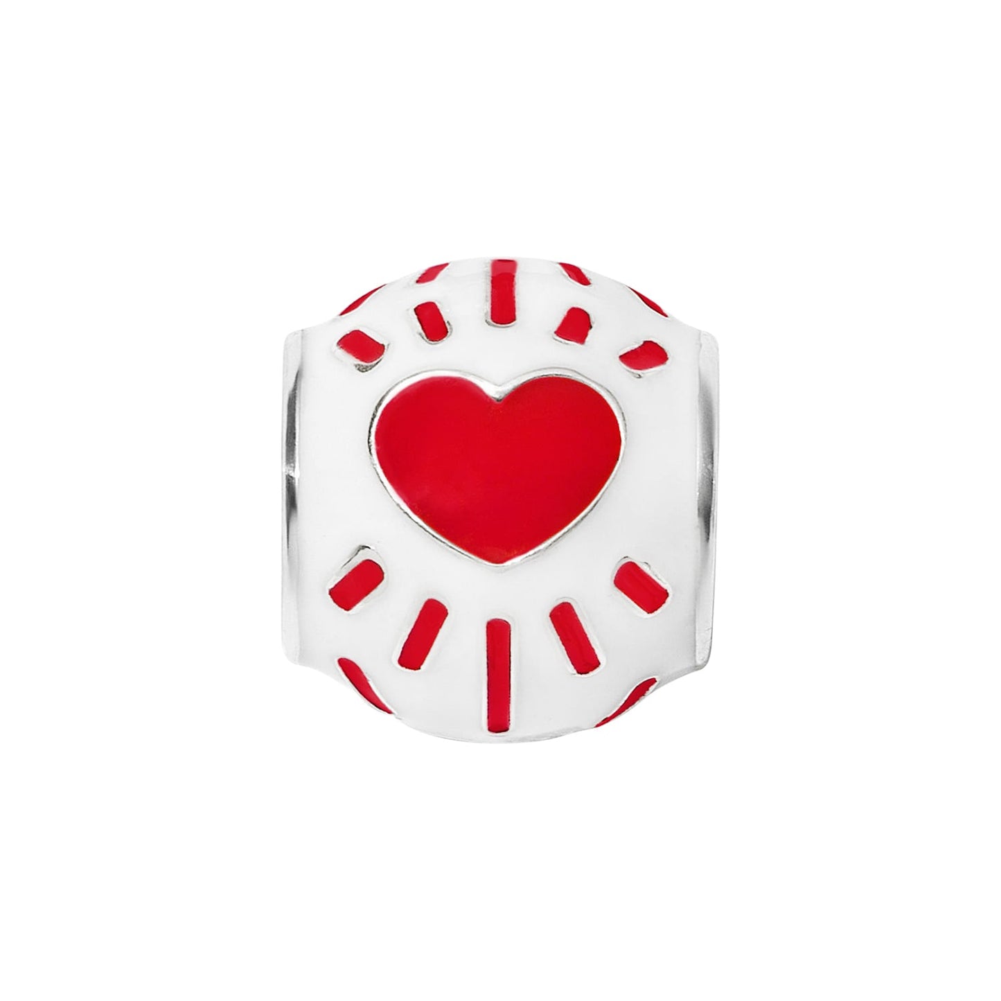 Brighton charm bead with red heart, white enamel body, and red accent details with silver-plated finish on a white background