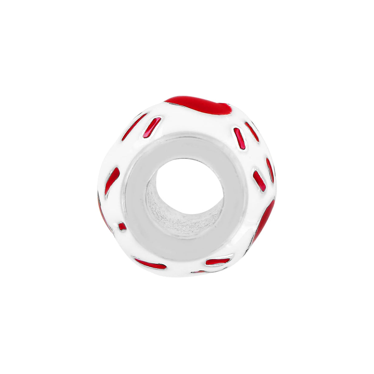 Brighton charm bead with white enamel and red accents, shown from the side with silver-plated interior on a white background