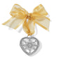 Brighton silver-plated heart ornament with snowflake cutout, Happy Holidays engraving, and gold organza ribbon on a white background
