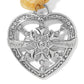 Brighton silver-plated heart ornament with snowflake center, crystal accents, Happy Holidays banner, and gold ribbon