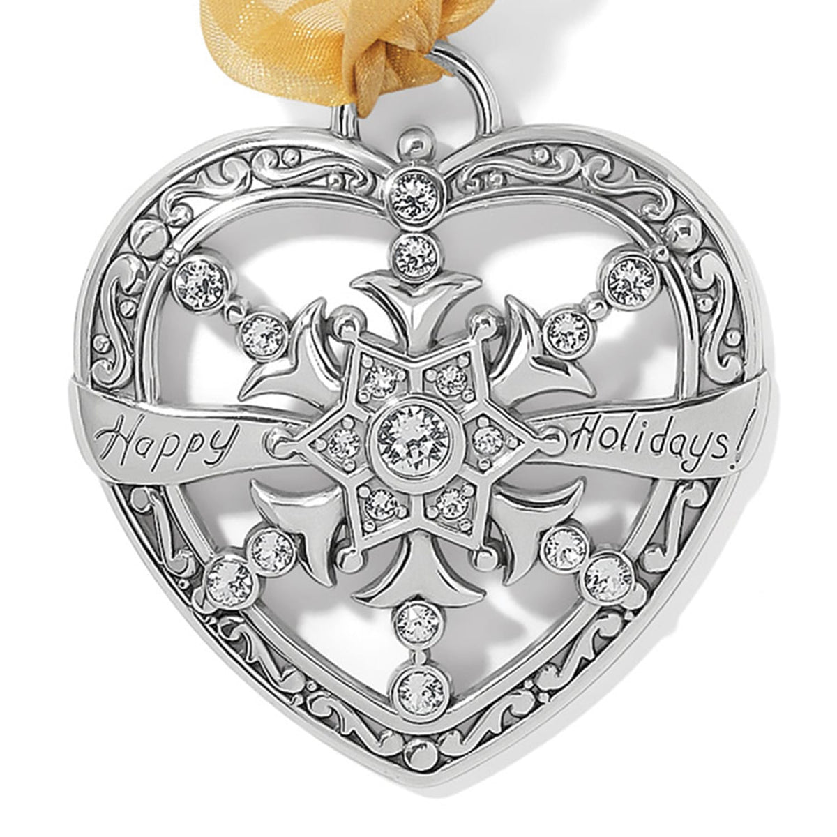 Brighton silver-plated heart ornament with snowflake center, crystal accents, Happy Holidays banner, and gold ribbon