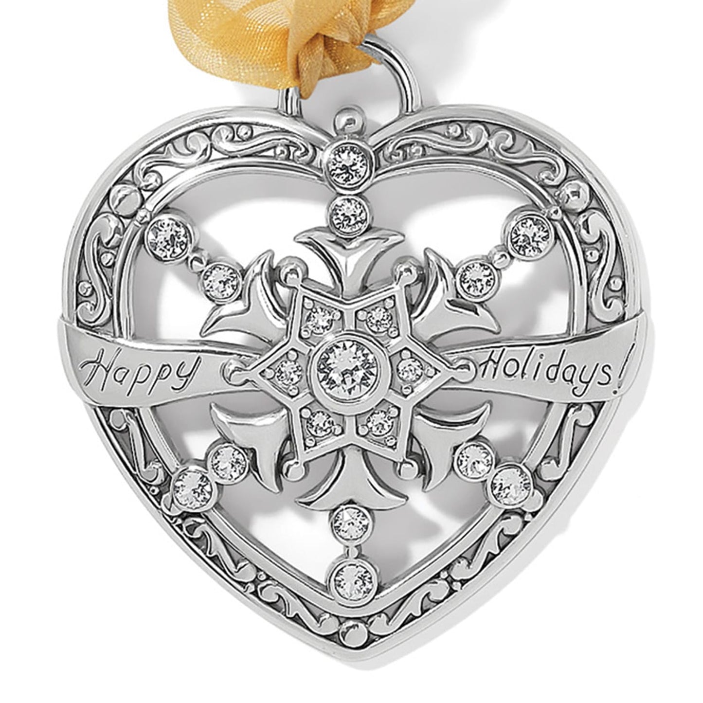 Brighton silver-plated heart ornament with snowflake center, crystal accents, Happy Holidays banner, and gold ribbon