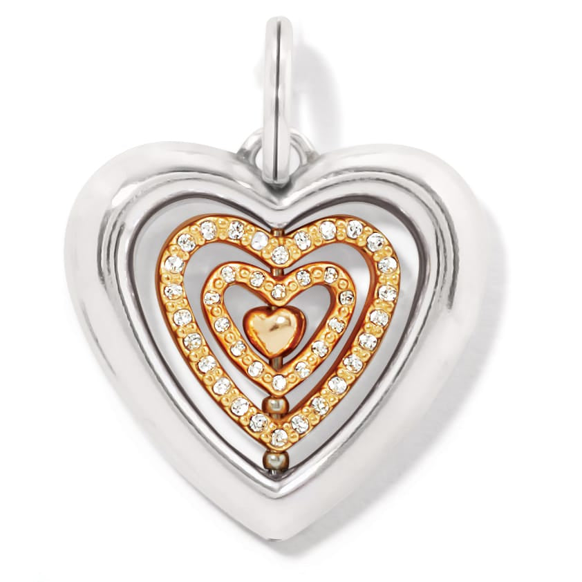 Brighton heart charm with silver-tone outer frame and gold-tone nested hearts with crystal accents on a white background