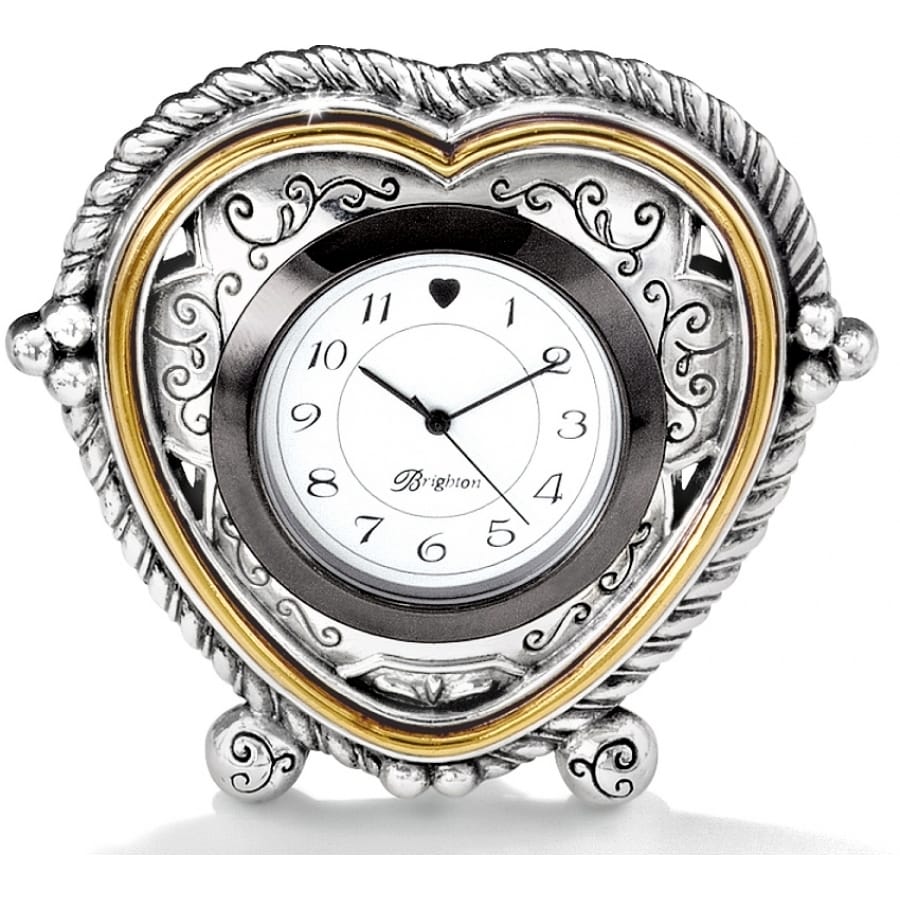 Brighton heart-shaped desk clock with two-tone silver and gold scrollwork frame and beaded feet on a white background